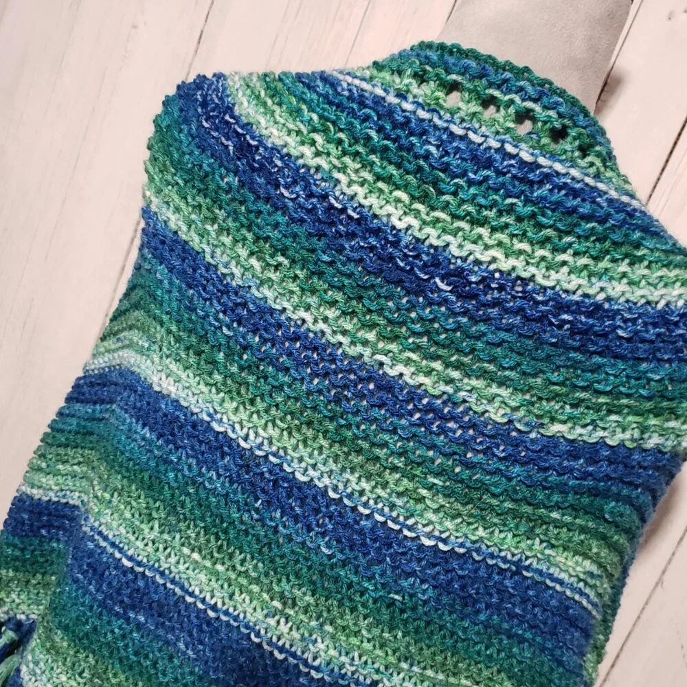 NEW Blue Green Ombre‎ Hand Knitted Shawl Wrap Scarf Boho Coastal Indie Artsy Mod